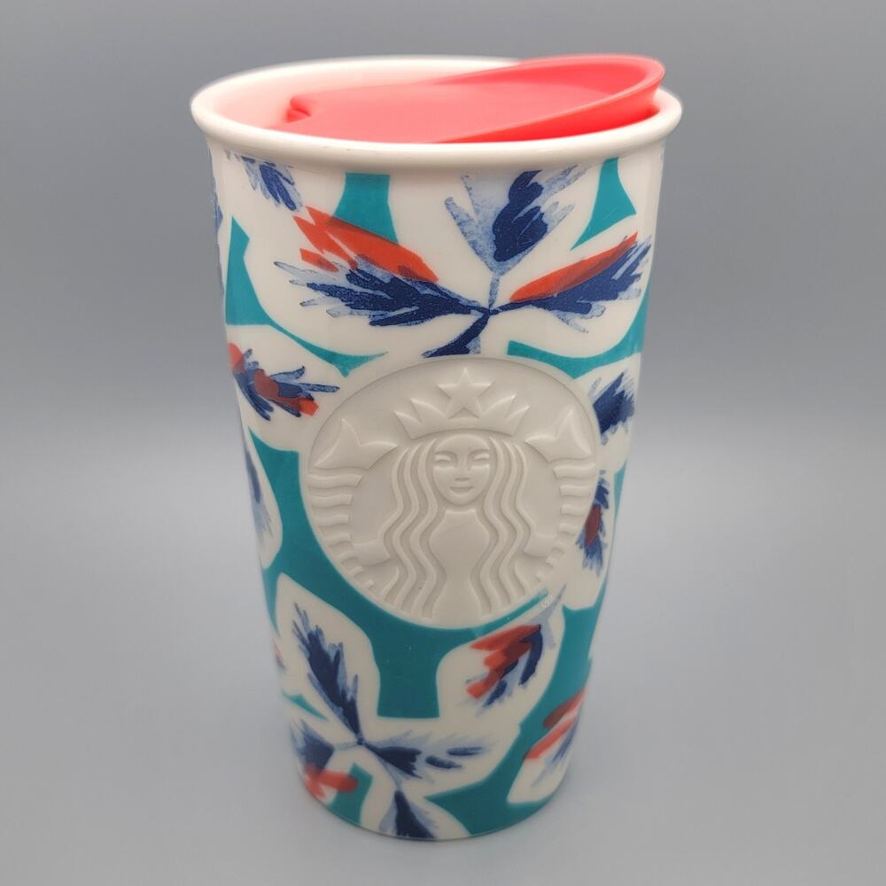 Starbucks 2016 Floral Teal Leaves Siren Ceramic Travel Tumbler Mug & Lid 12 oz